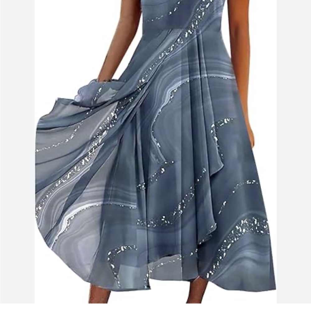 Beautiful Blue White Layered /Asymmetrical Hem -V-Neck Flowy Dress- NWOT- SzM ☀️ - Picture 6 of 9